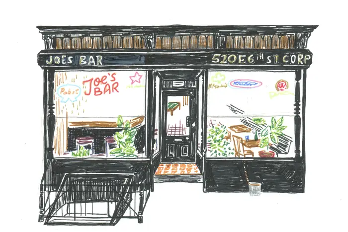 A drawing of Joe's Bar, a storefront with large windows showing tables and plants.